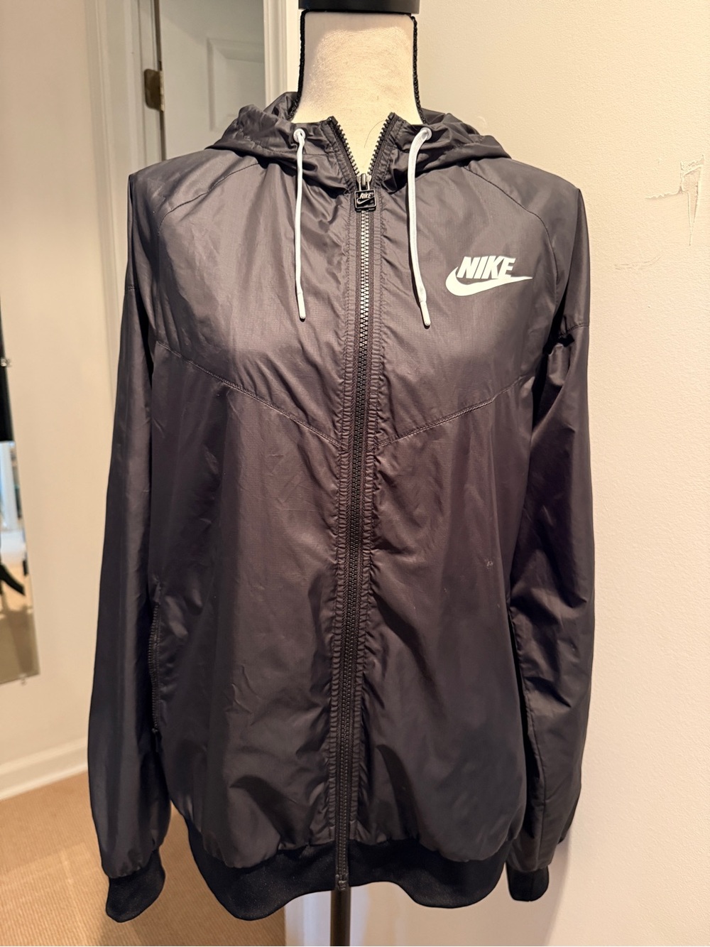 Nike Black Hooded Zip-Up Windbreaker with White Logo
